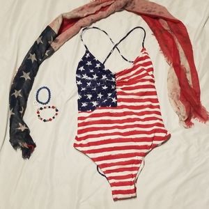 Red White blue bathing suit & wrap & bracelets